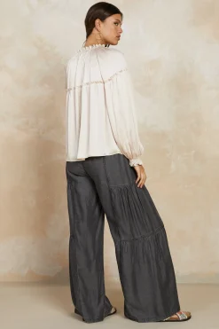 Long Sleeve Tops-Current Air Picot Ruffled Blouse ECRU