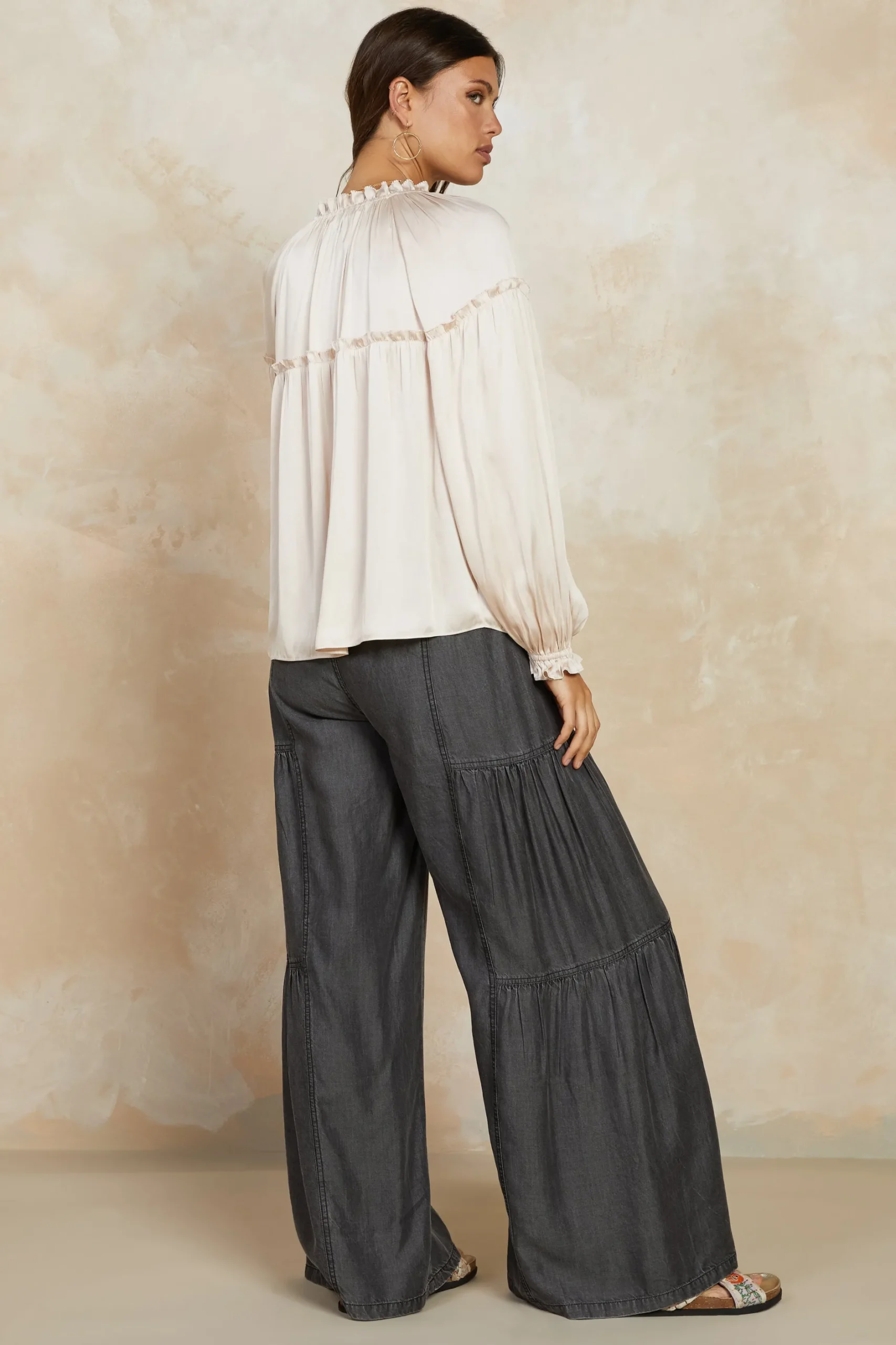 Long Sleeve Tops-Current Air Picot Ruffled Blouse ECRU