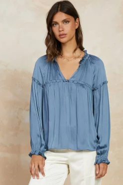Long Sleeve Tops-Current Air Picot Ruffled Blouse SLATEBLUE