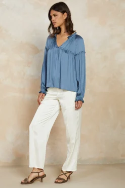 Long Sleeve Tops-Current Air Picot Ruffled Blouse SLATEBLUE