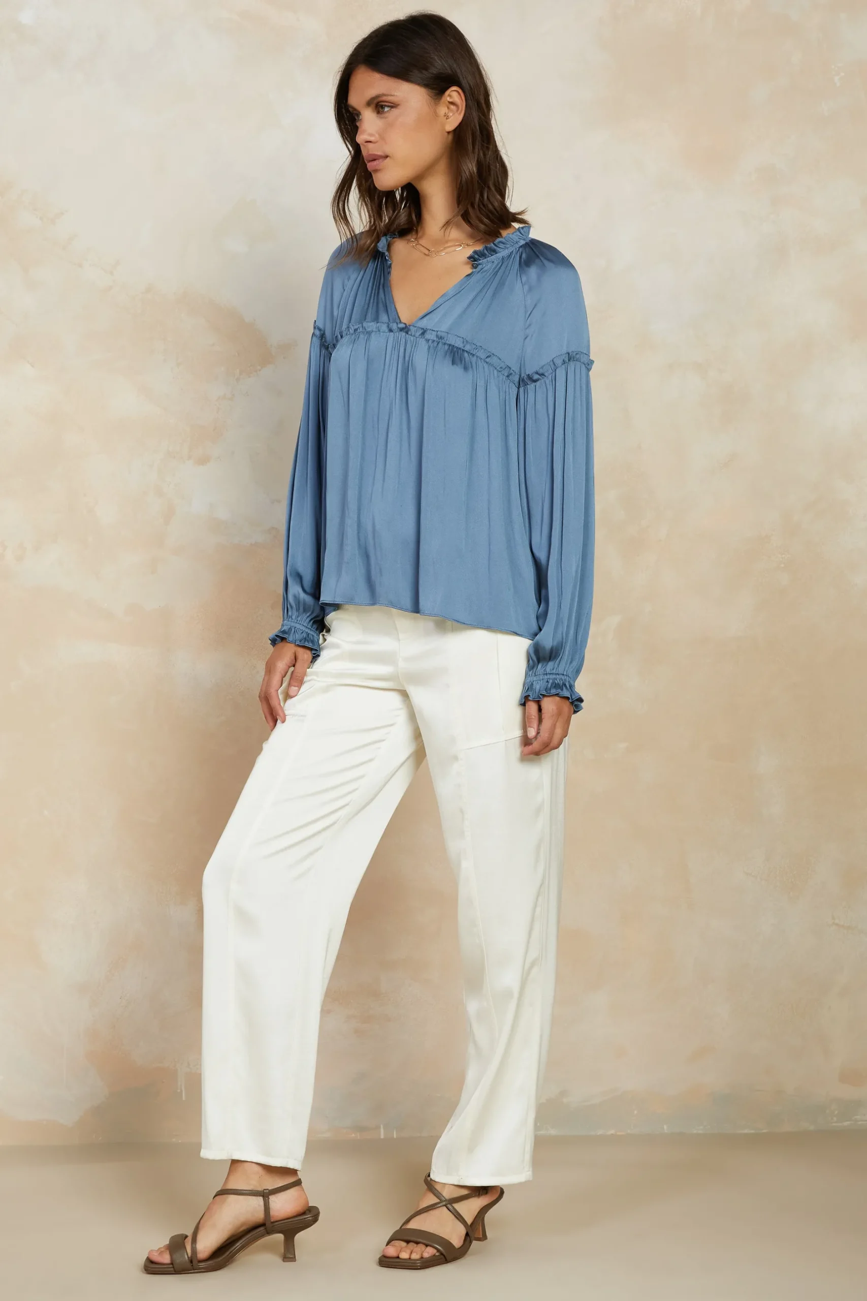Long Sleeve Tops-Current Air Picot Ruffled Blouse SLATEBLUE