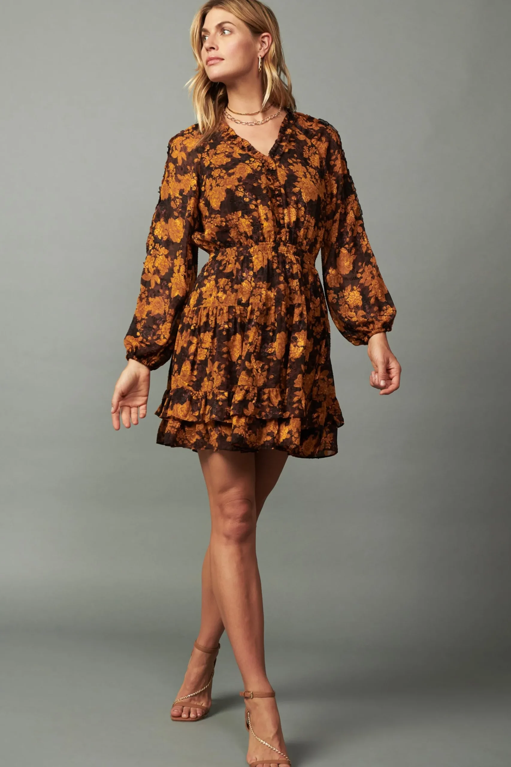 Mini Dresses-Current Air Picot Stitch Ruffled Mini Dress BROWNORANGEFLORAL