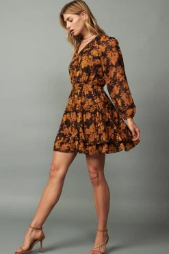 Mini Dresses-Current Air Picot Stitch Ruffled Mini Dress BROWNORANGEFLORAL
