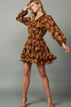 Mini Dresses-Current Air Picot Stitch Ruffled Mini Dress BROWNORANGEFLORAL