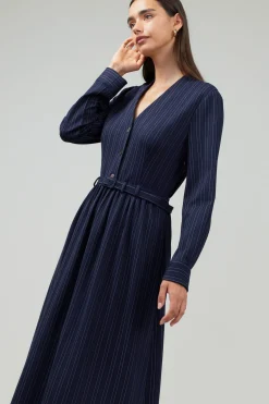 Midi Dresses-Current Air Pinstriped Buttondown Midi Dress NAVY