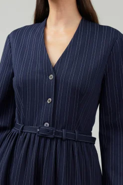 Midi Dresses-Current Air Pinstriped Buttondown Midi Dress NAVY