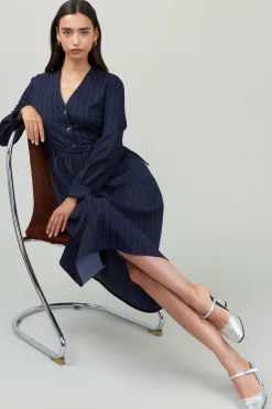 Midi Dresses-Current Air Pinstriped Buttondown Midi Dress NAVY