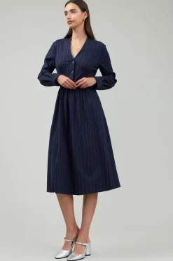 Midi Dresses-Current Air Pinstriped Buttondown Midi Dress NAVY