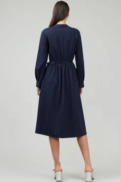 Midi Dresses-Current Air Pinstriped Buttondown Midi Dress NAVY