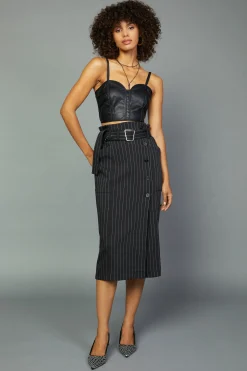 Skirts-Current Air Pinstriped Midi Skirt BLACKSTRIPE