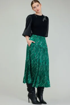 Skirts-Current Air Plaid Pattern Midi Skirt GREEN