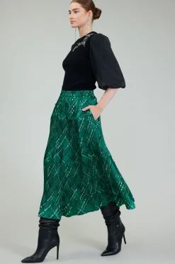 Skirts-Current Air Plaid Pattern Midi Skirt GREEN