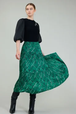 Skirts-Current Air Plaid Pattern Midi Skirt GREEN