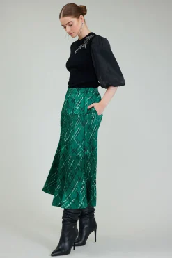 Skirts-Current Air Plaid Pattern Midi Skirt GREEN