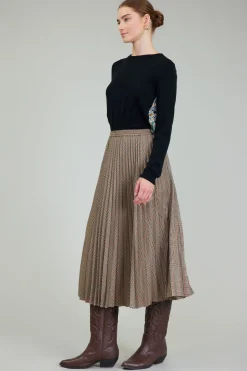 Skirts-Current Air Plaid Pleated Midi Skirt CAMELMLT