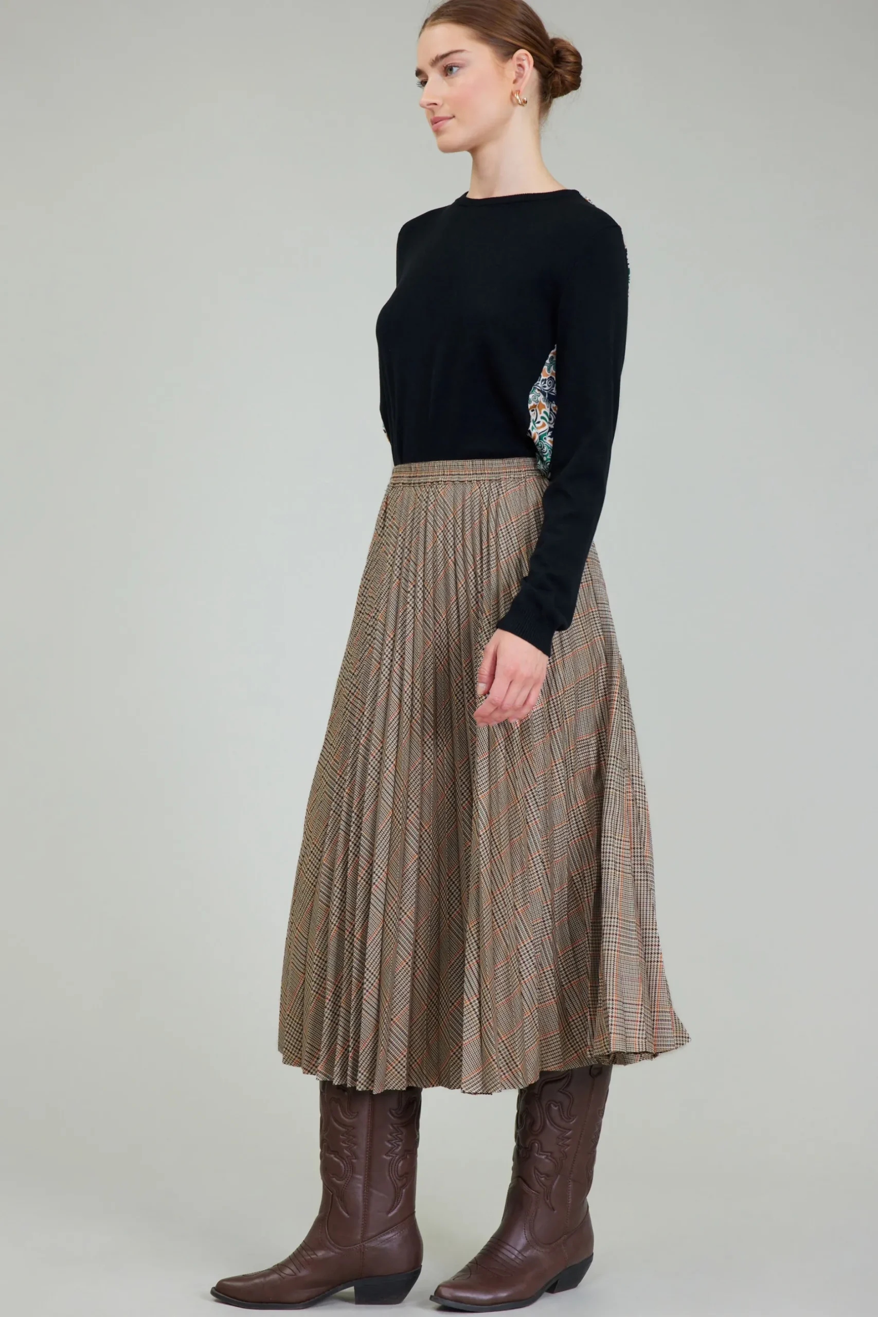 Skirts-Current Air Plaid Pleated Midi Skirt CAMELMLT