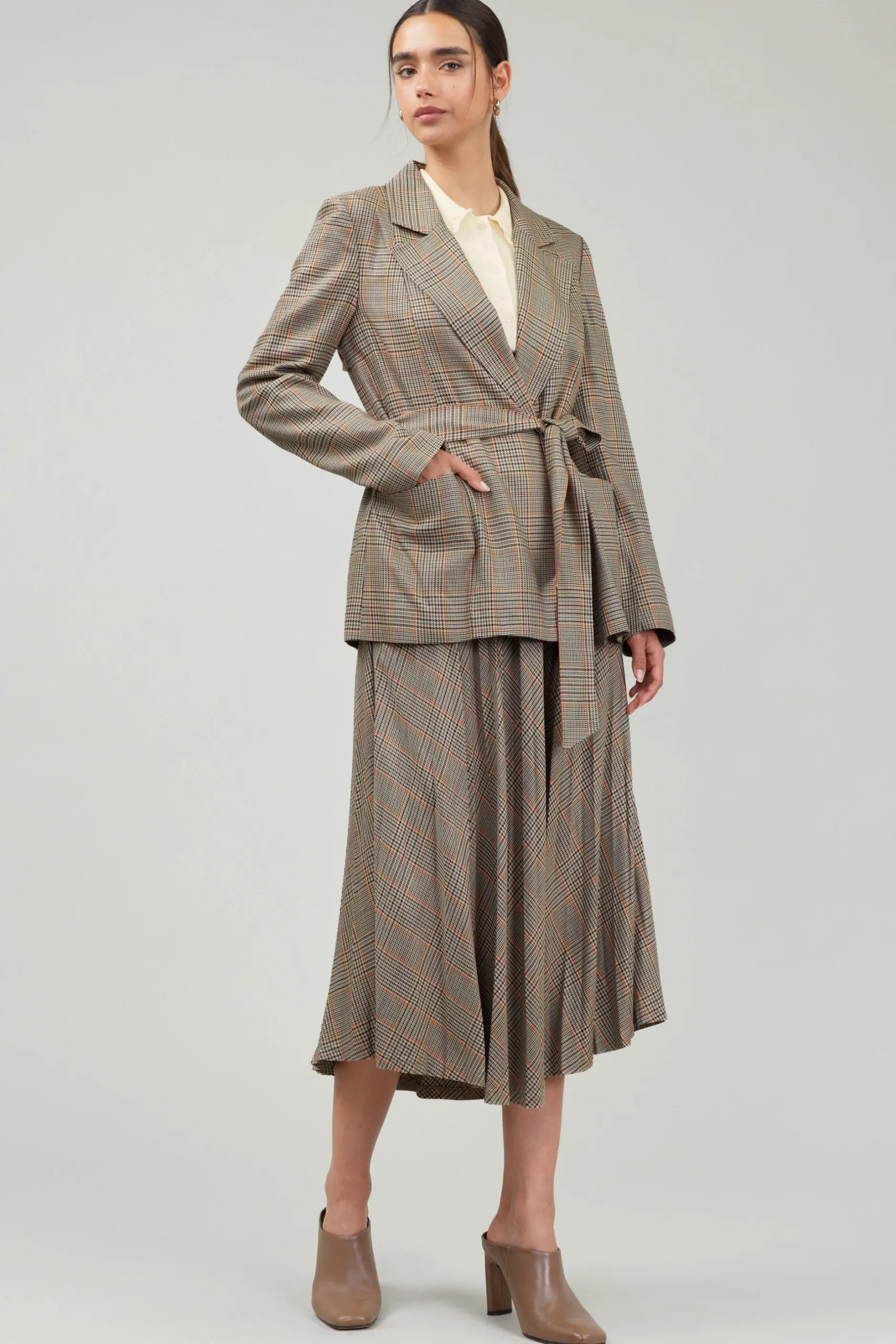 Skirts-Current Air Plaid Pleated Midi Skirt CAMELMLT