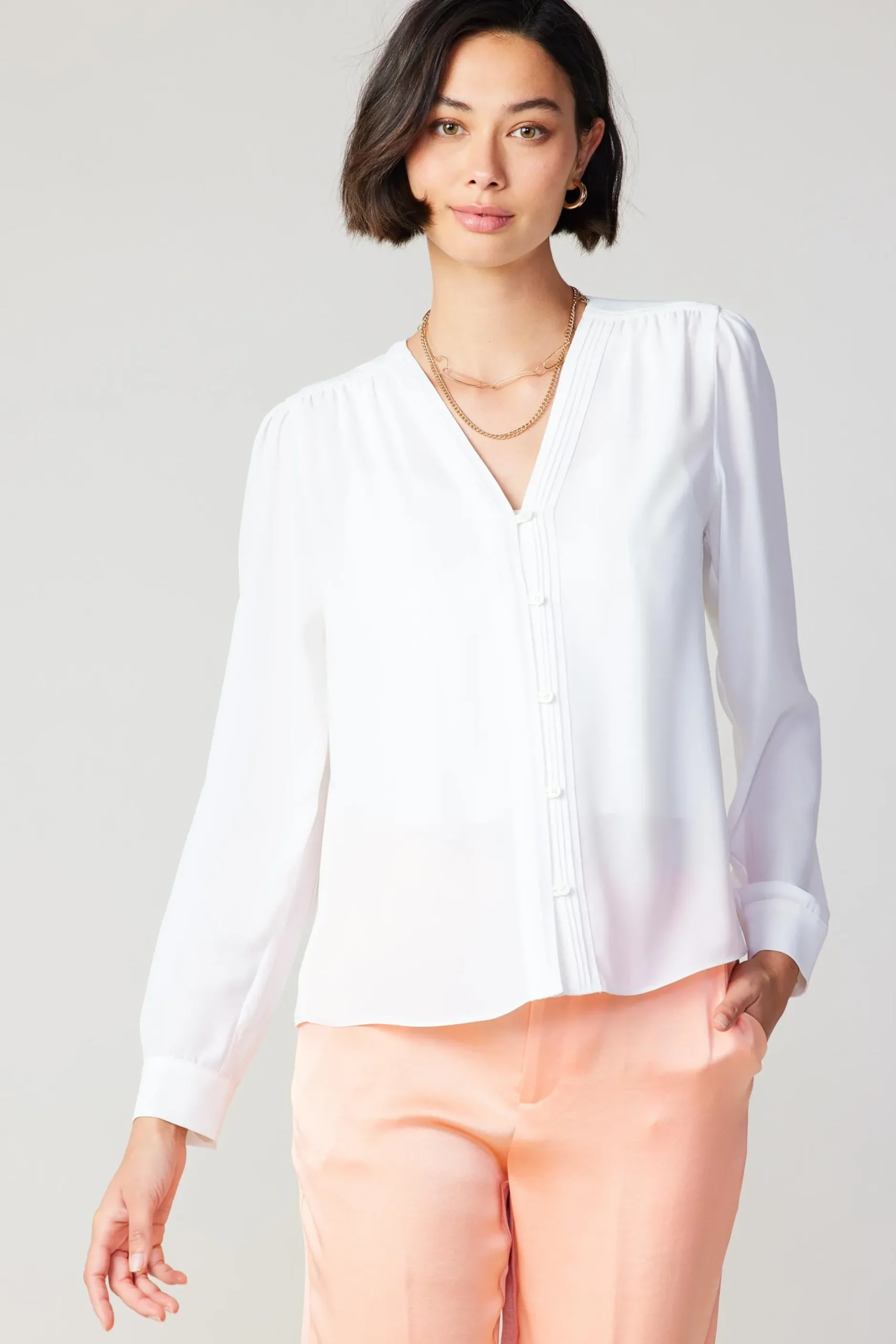 Long Sleeve Tops-Current Air Pleat Detail Buttondown Shirt WHITE