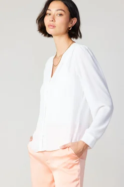 Long Sleeve Tops-Current Air Pleat Detail Buttondown Shirt WHITE