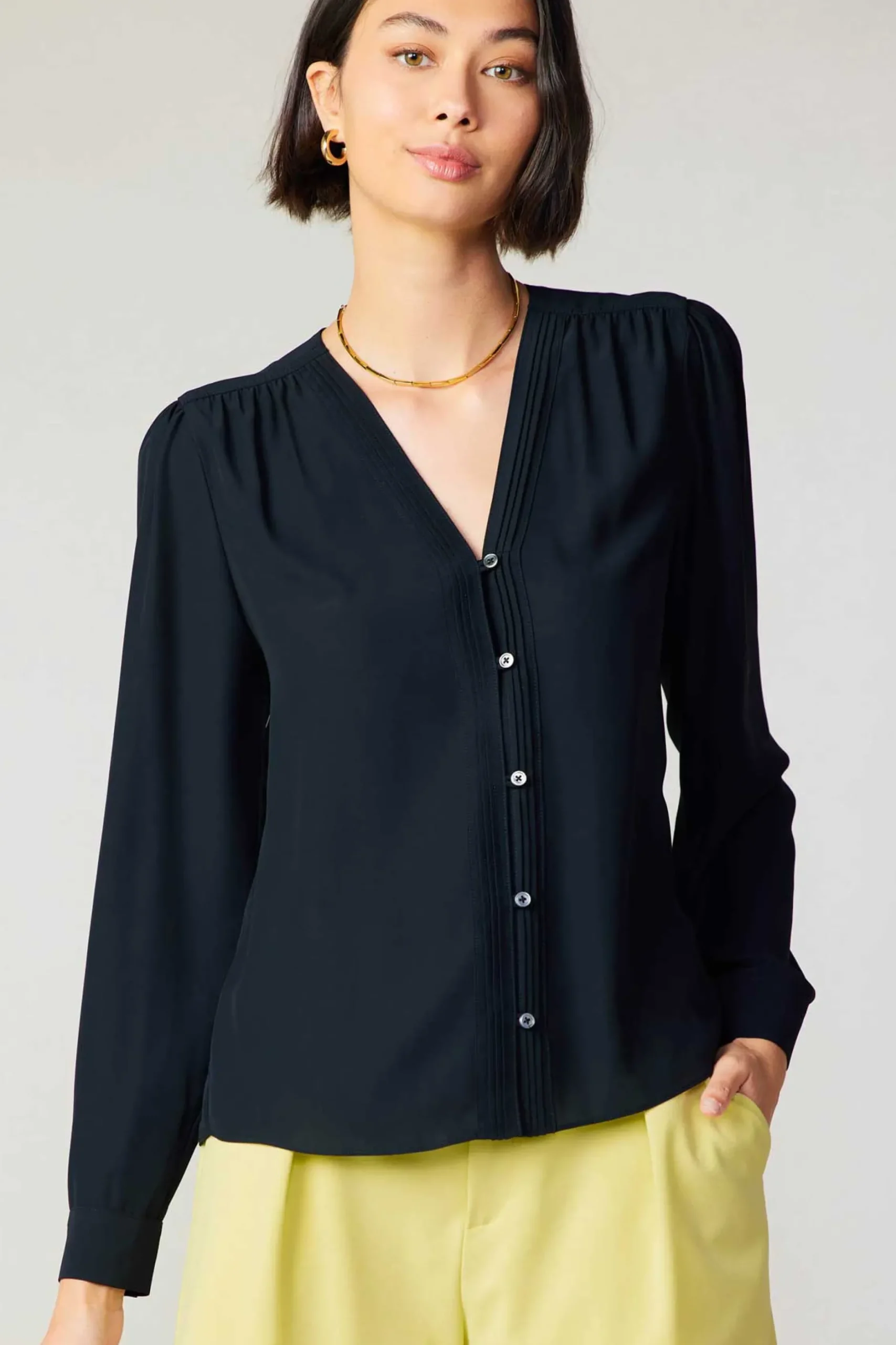 Long Sleeve Tops-Current Air Pleat Detail Buttondown Shirt BLACK