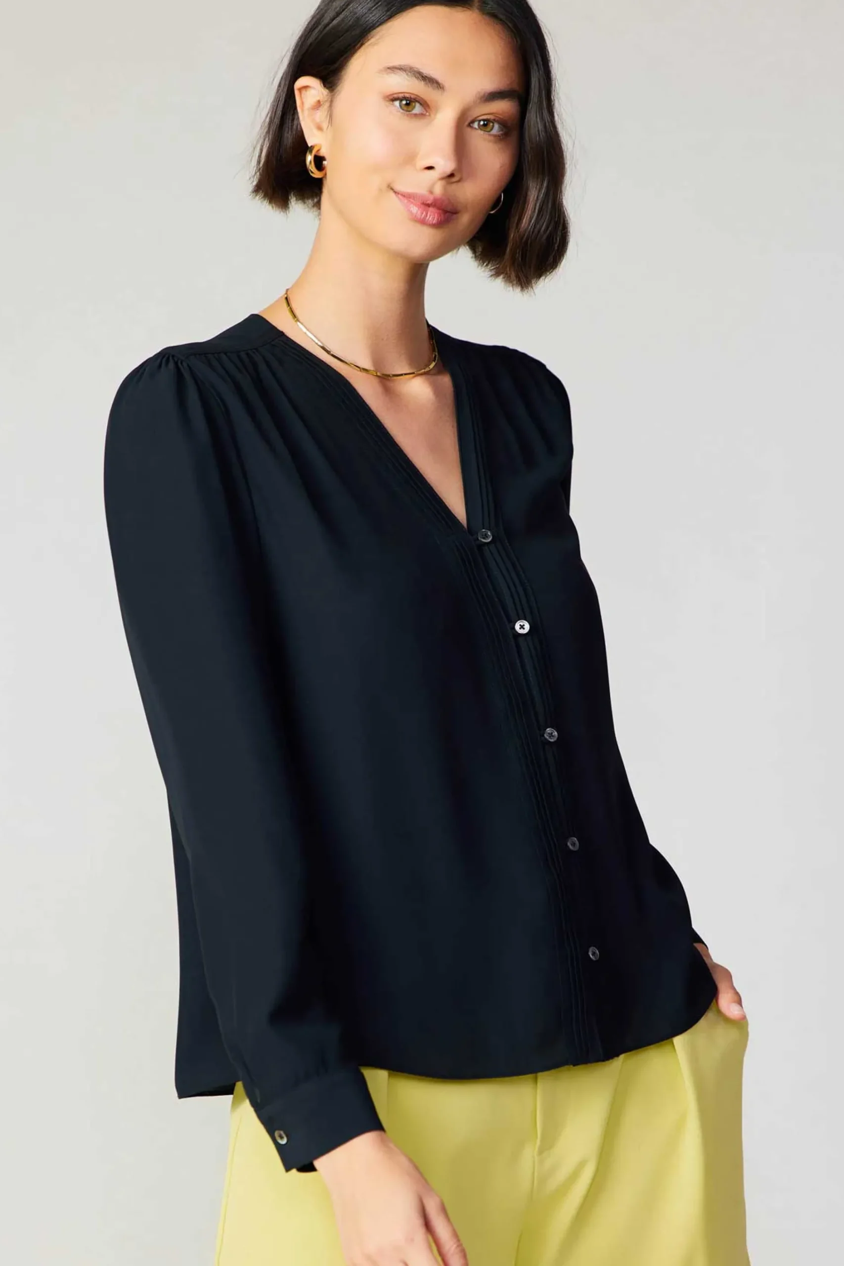 Long Sleeve Tops-Current Air Pleat Detail Buttondown Shirt BLACK