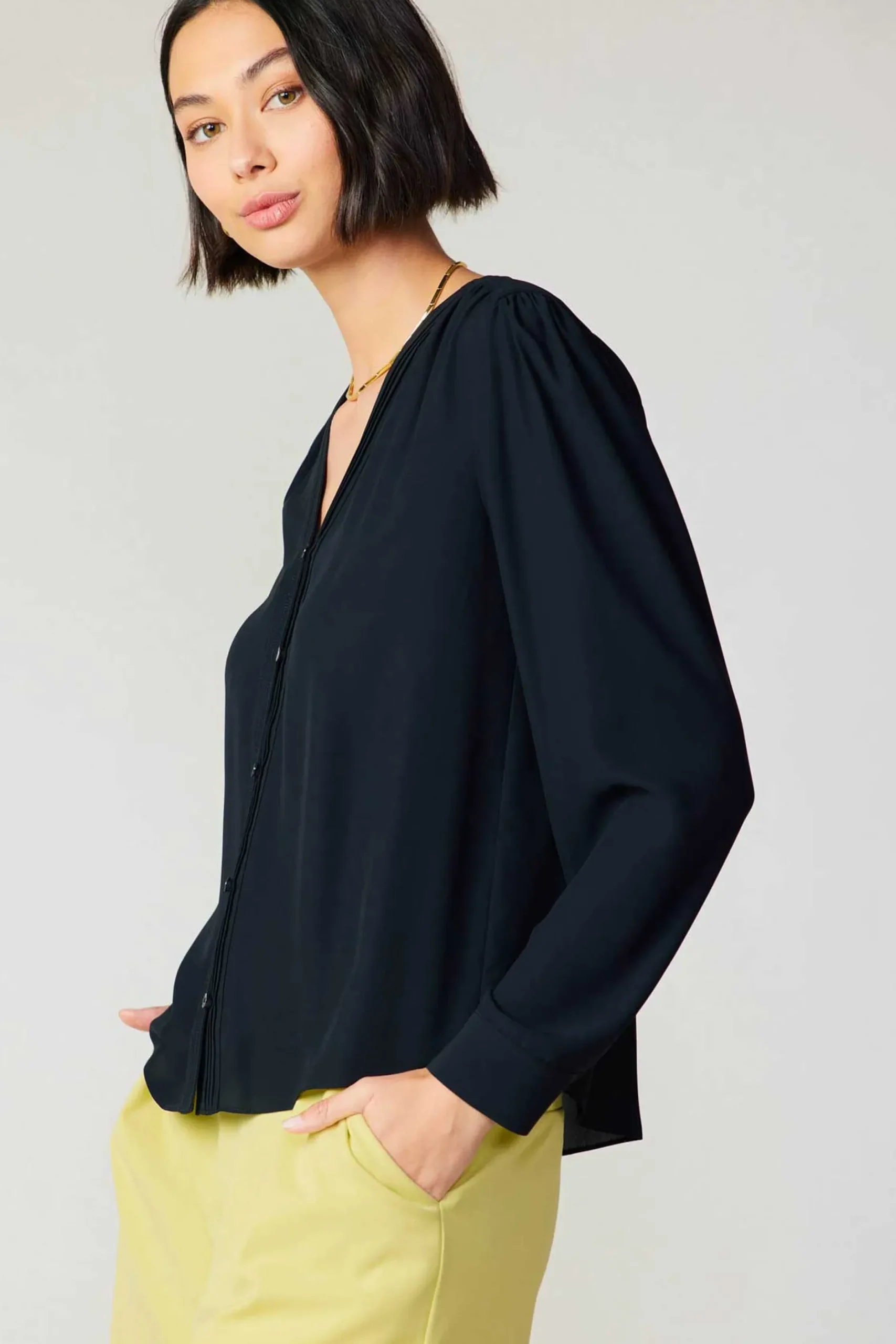 Long Sleeve Tops-Current Air Pleat Detail Buttondown Shirt BLACK