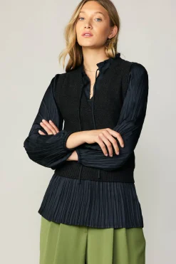 Sweaters-Current Air Pleated Blouse Sweater Vest BLACK