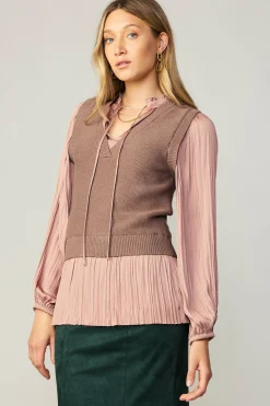 Sweaters-Current Air Pleated Blouse Sweater Vest DUSTYROSE