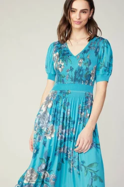 Midi Dresses-Current Air Pleated Botanical Midi Dress TURQUOISE