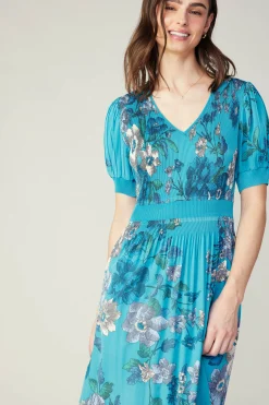 Midi Dresses-Current Air Pleated Botanical Midi Dress TURQUOISE