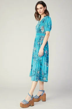 Midi Dresses-Current Air Pleated Botanical Midi Dress TURQUOISE
