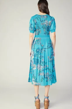 Midi Dresses-Current Air Pleated Botanical Midi Dress TURQUOISE