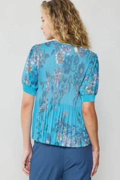 Short Sleeve Tops-Current Air Pleated Botanical Top TURQUOISE