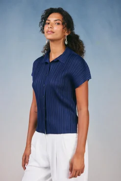 Short Sleeve Tops-Current Air Pleated Button Down Top NAVY