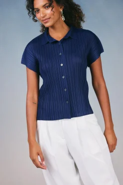 Short Sleeve Tops-Current Air Pleated Button Down Top NAVY