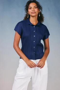 Short Sleeve Tops-Current Air Pleated Button Down Top NAVY