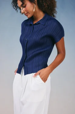 Short Sleeve Tops-Current Air Pleated Button Down Top NAVY