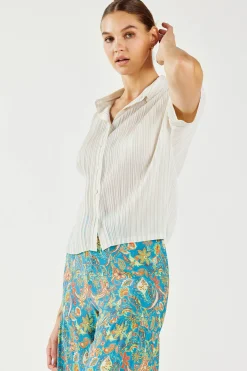 Short Sleeve Tops-Current Air Pleated Button Down Top UNBLEACHED