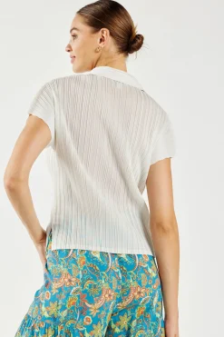 Short Sleeve Tops-Current Air Pleated Button Down Top UNBLEACHED