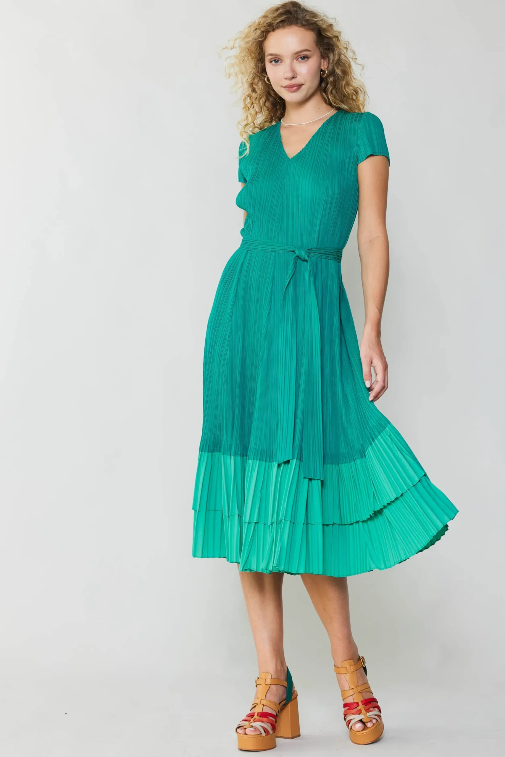 Midi Dresses-Current Air Pleated Colorblock Midi Dress TEAL