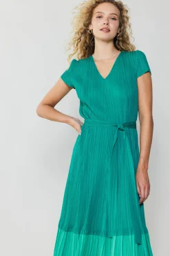 Midi Dresses-Current Air Pleated Colorblock Midi Dress TEAL
