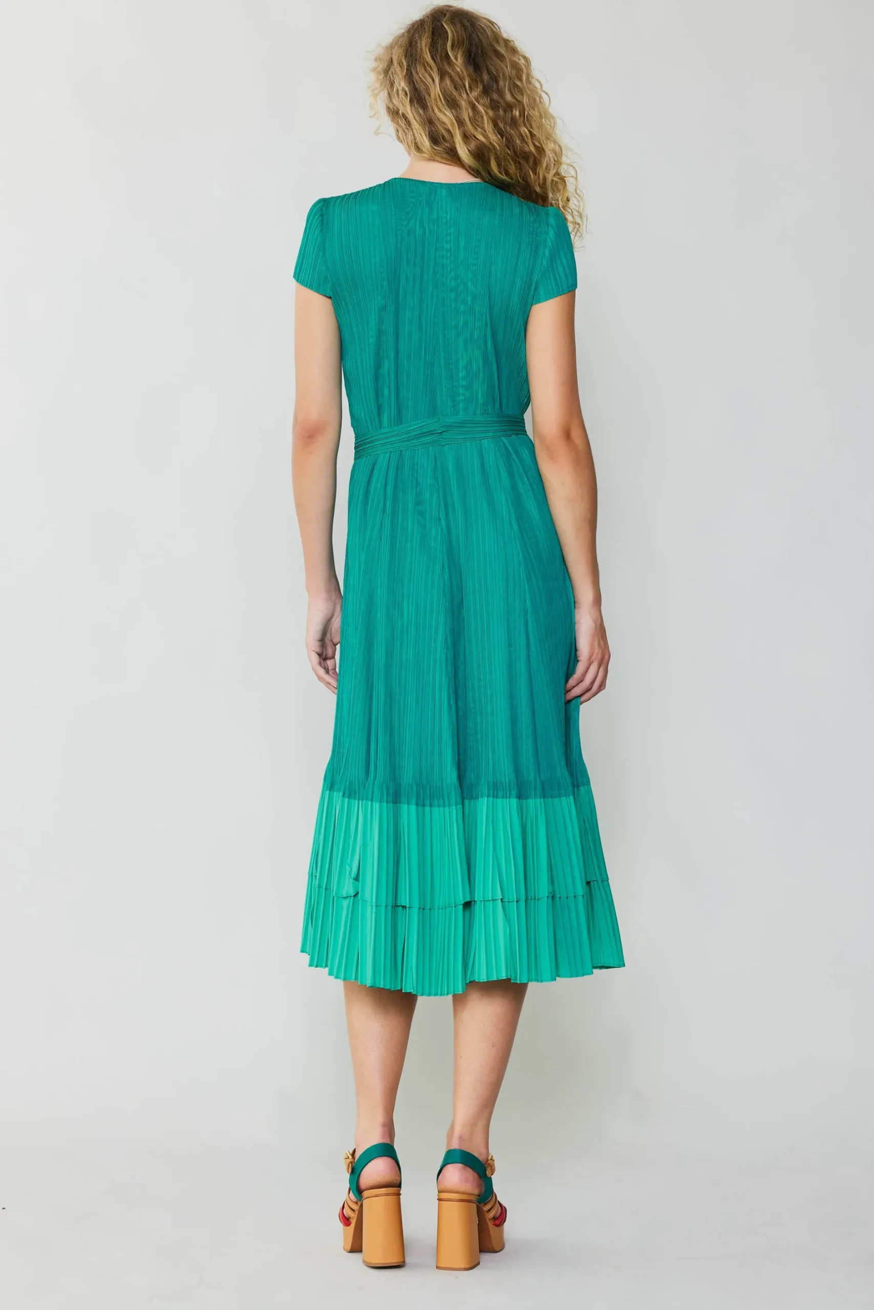 Midi Dresses-Current Air Pleated Colorblock Midi Dress TEAL