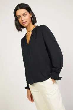 Long Sleeve Tops-Current Air Pleated Cuff Blouse BLACK