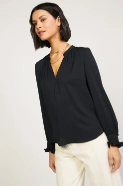 Long Sleeve Tops-Current Air Pleated Cuff Blouse BLACK