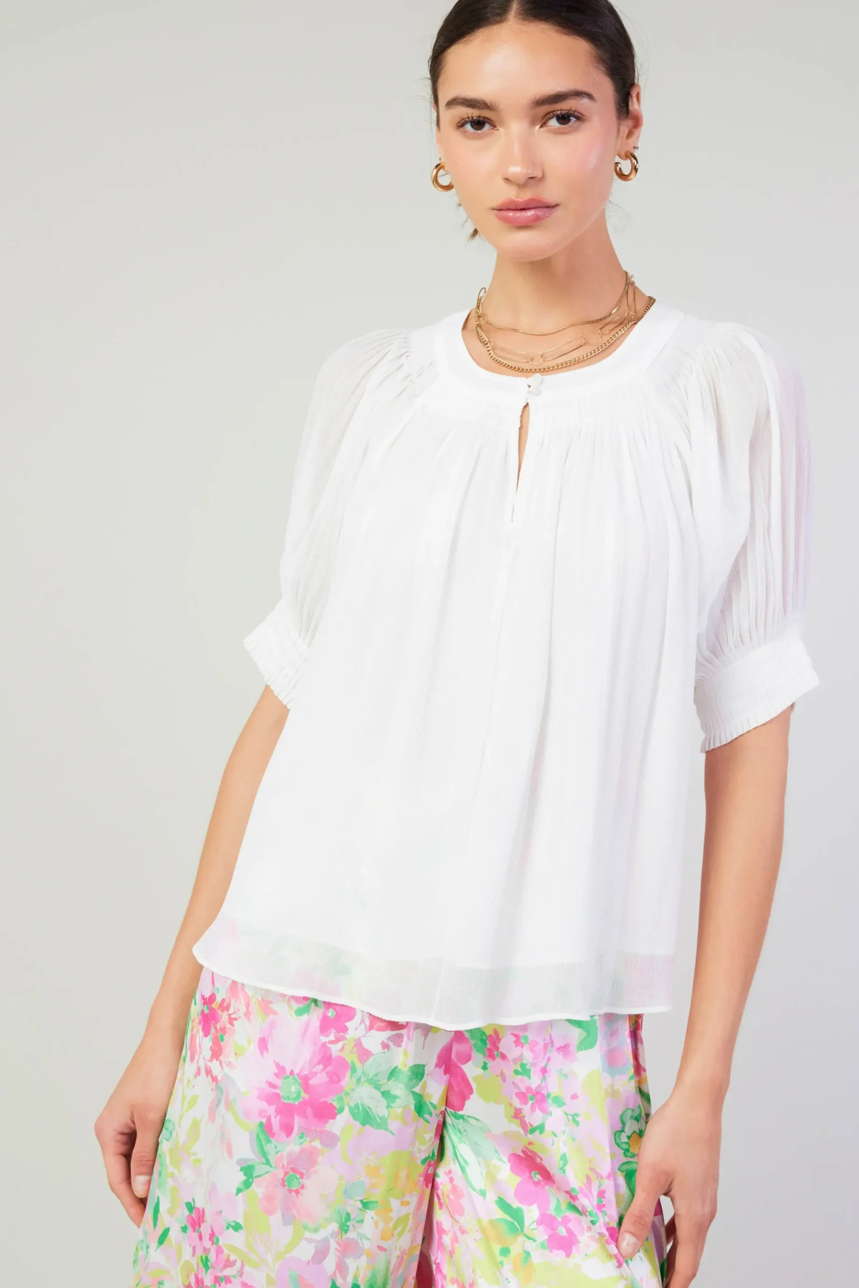 Short Sleeve Tops-Current Air Pleated Cuff Blouse WHITE