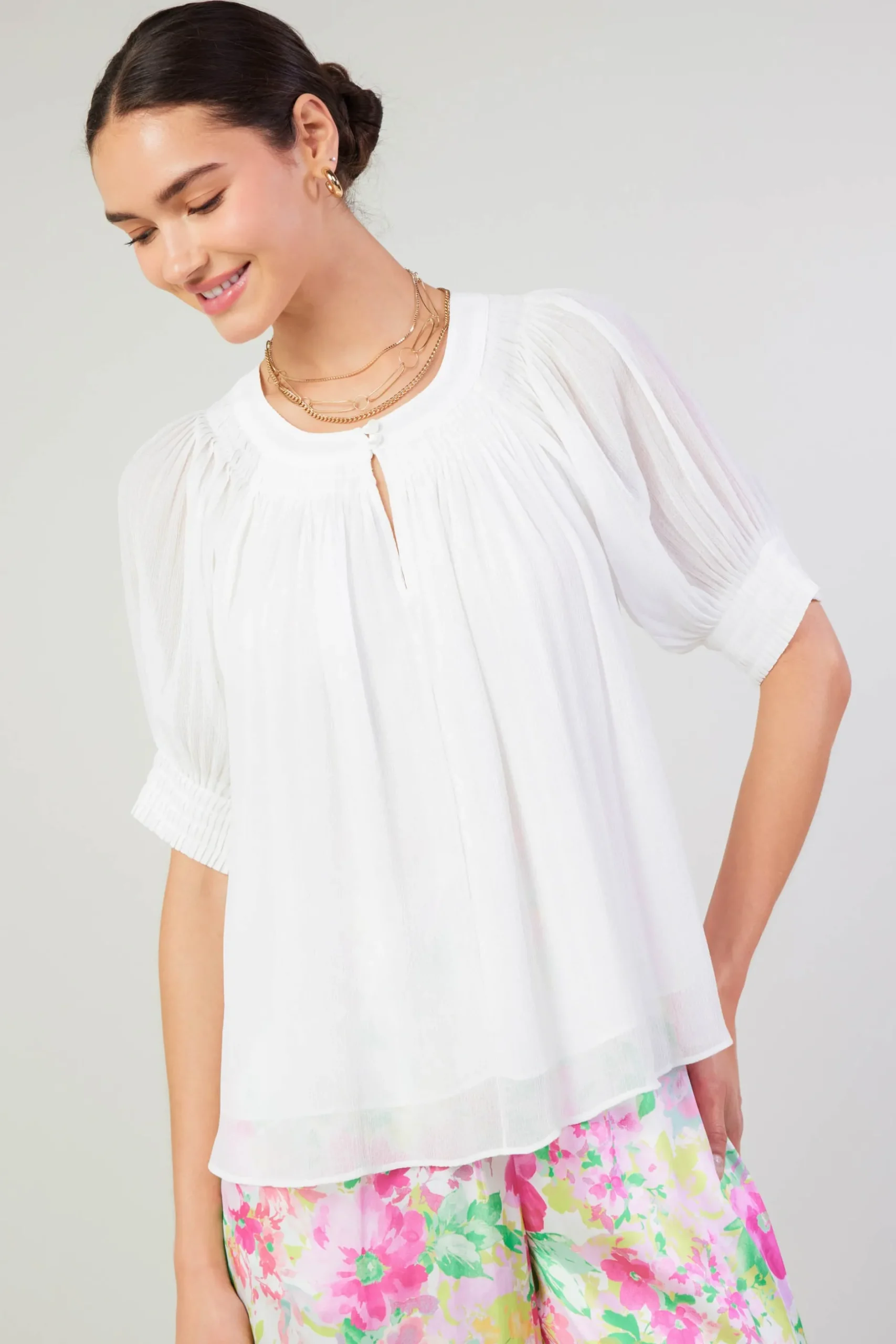 Short Sleeve Tops-Current Air Pleated Cuff Blouse WHITE