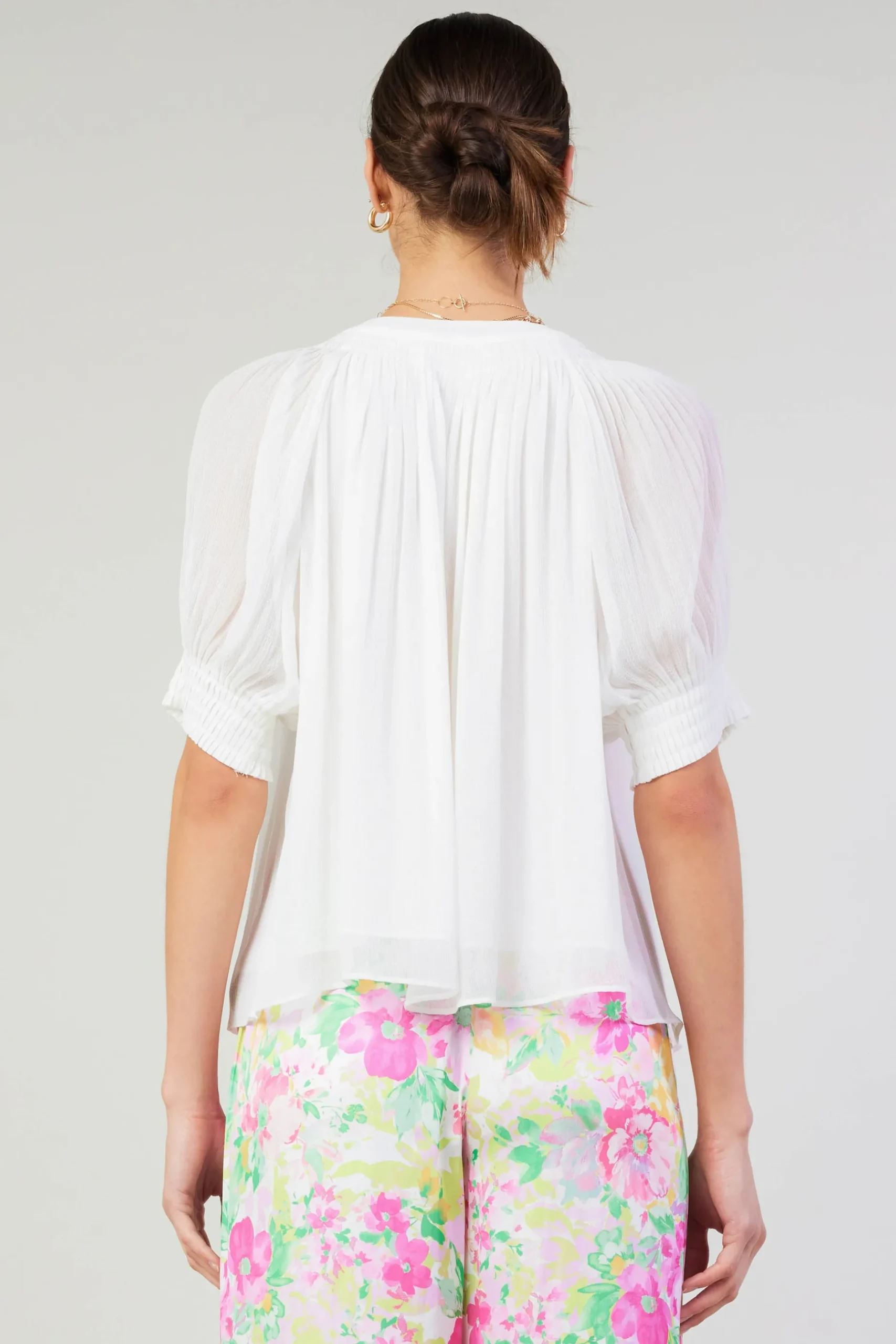 Short Sleeve Tops-Current Air Pleated Cuff Blouse WHITE