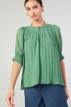 Short Sleeve Tops-Current Air Pleated Cuff Blouse LEAFGREEN