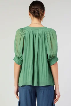 Short Sleeve Tops-Current Air Pleated Cuff Blouse LEAFGREEN
