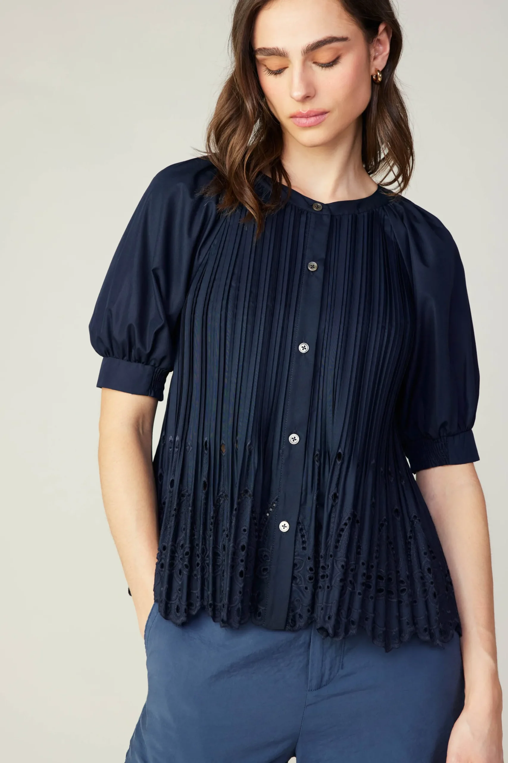 Short Sleeve Tops-Current Air Pleated Eyelet Blouse DARKNAVY